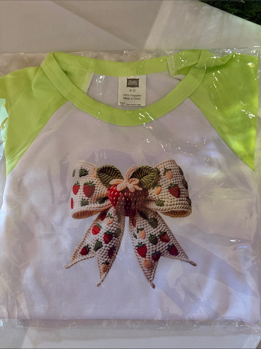 Kids White Raglan Bodysuit with Lime Sleeves & Strawberry Bow Graphic